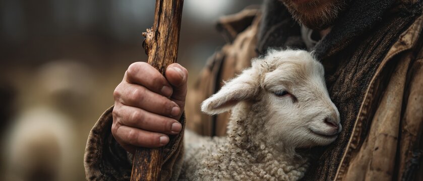 Caring shepherd holding a lamb with a wooden staff outdoors Concept of faith, protection, and animal care in a rural setting