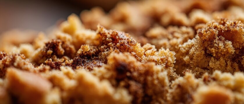 Delicious golden brown crumble topping with sparkling sugar crystals and cinnamon, captured in a warm, inviting closeup Perfect for baking, dessert, and comfort food concepts
