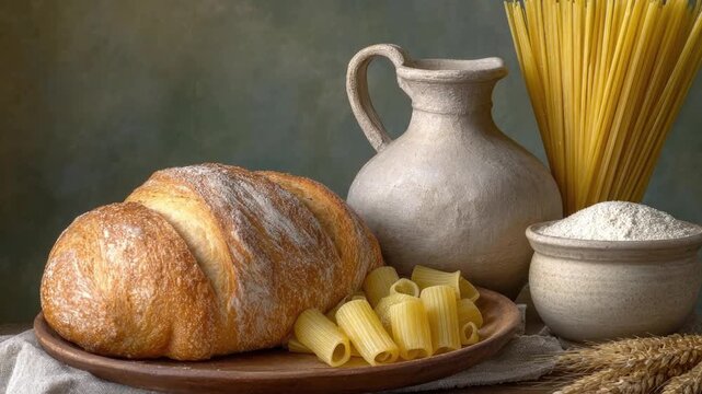A visually rich still life composition featuring essential culinary ingredients, evoking rustic charm and wholesome cooking. The scene showcases a beautifully golden, freshly baked loaf of bread duste