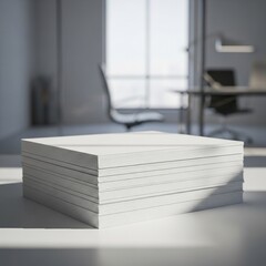 Stack of White Paper on Modern Office Desk with Bright Background