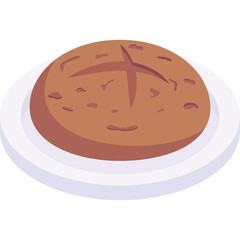 Pixel Art Round Brown Loaf of Bread on White Plate with Subtle Cross Score on Top Isolated on Transparent Background Simple Food Illustration