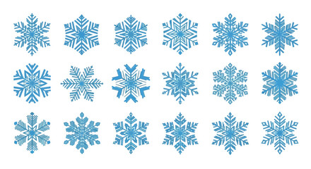 Collection of Intricate Blue Snowflake Designs on White Background.