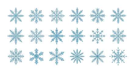 Collection of Intricate Blue Snowflake Designs on White Background.