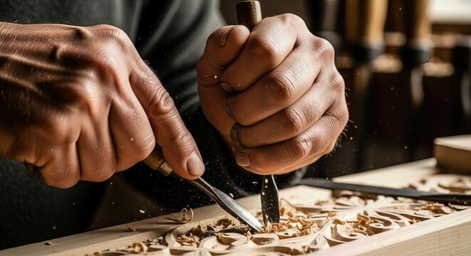 Skilled hands expertly carve intricate ornamental designs into raw timber, demonstrating meticulous precision and dedicated craftsmanship. Fine shavings rise,