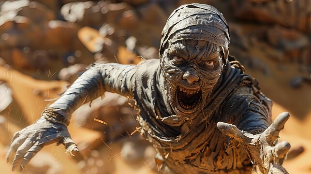 Ancient terrifying mummy creature lunging aggressively, reaching forward, screaming in a desolate parched desert, decaying bandages unraveling, menacing eyes glaring, horrific.