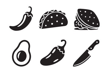 Mexican food icons chili peppers tacos avocado and knife