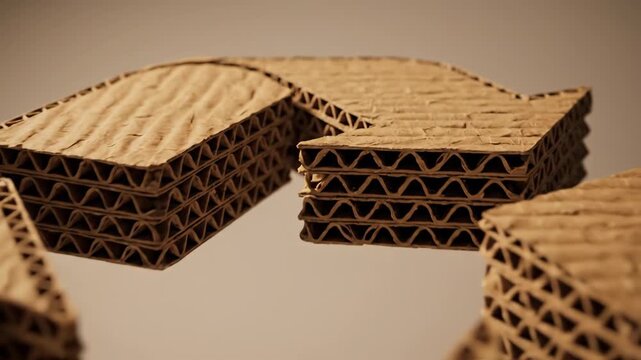 Close-up of a recycling symbol made from corrugated cardboard spinning against a neutral background