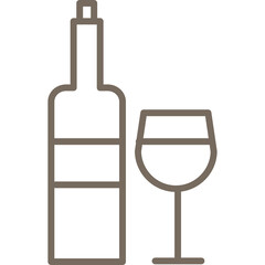 Minimalist line art icon of a wine bottle and a wine glass on a transparent background in a neutral color palette symbolizing celebration and beverage