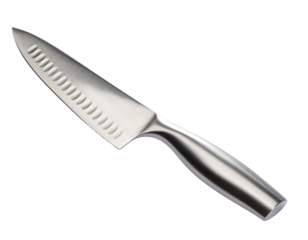 Close-Up of a Shiny Kitchen Knife with Reflective Surface, Isolated on a Clean Background, Highlighting Its Sharp Blade and Sleek Design