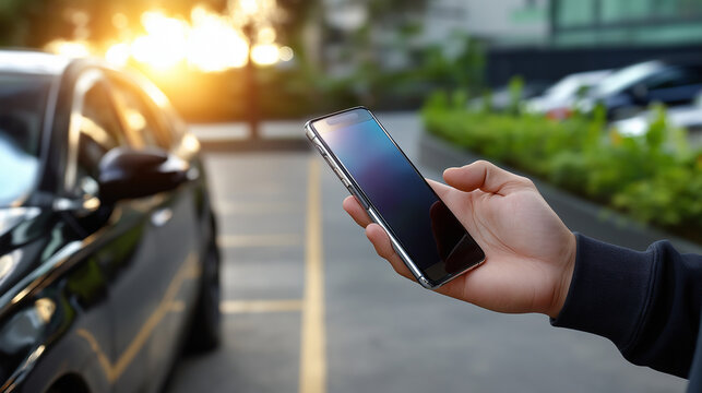 Faceless silhouette of a man holding a smartphone near a parked car, phone display bright and sharp, vehicle and parking lines softly defocused to create a premium product look, wi