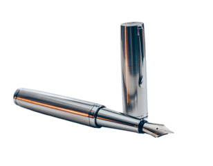 Elegant Silver Fountain Pen with Cap Removed, Isolated on a Clean Background, Highlighting Its Sleek Design and Writing Precision