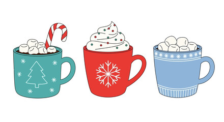 Festive Hot Chocolate Mugs with Marshmallows and Candy Cane.