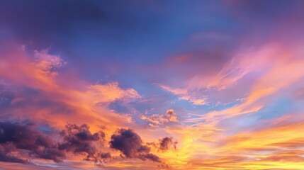 Obraz premium Dramatic Sky at Sunset with Vibrant Colors and Clouds in Pink Purple Blue and Orange Warm Light