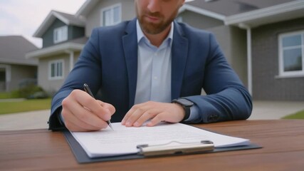 Man in suit signs paperwork on clipboard at outdoor table in front of suburban house. - Powered by Adobe
