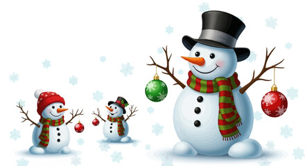 Festive Snowmen Trio Celebrating Winter Holidays with Joyful Decorations.