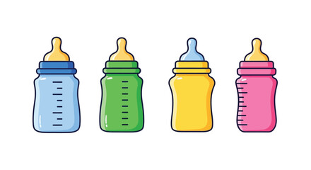 Colorful baby bottles arranged in a row simple cartoon illustration