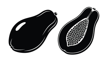 Illustration of a whole and cut open papaya fruit in black and white