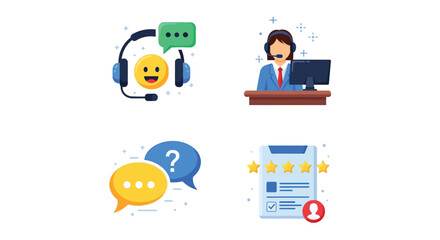 Customer service icons depicting support assistance and feedback interactions