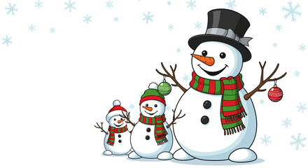 Three Snowmen Family with Festive Hats and Scarves in Winter.