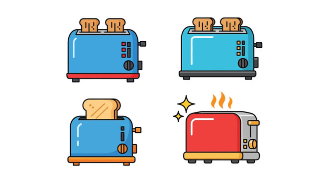 Colorful cartoon toasters and toast a breakfast appliance illustration