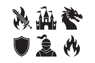 Fantasy icons dragon castle knight sword shield and flames