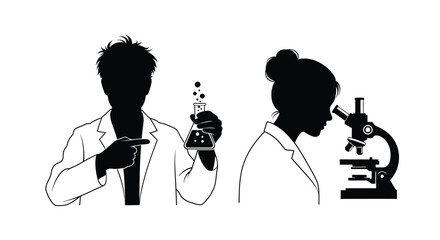 Silhouettes of scientists conducting experiments in a laboratory setting