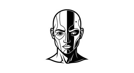 Monochrome line art illustration of a futuristic cyborg head.