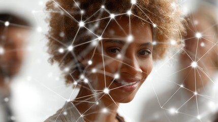 Confident Woman Behind Glowing Digital Network Connections