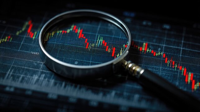 Magnifying Glass Examining Financial Chart with Market Candlesticks