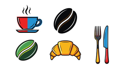 A colorful illustration featuring coffee croissants and dining cutlery