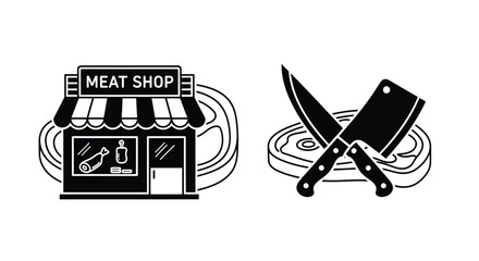 A black and white illustration of a meat shop with knives and meat