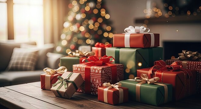Beautifully wrapped presents, vibrant in red and green, stack on a rustic wooden table. A glowing Christmas tree in background sets a warm, cozy scene, embodying Boxing Day. - Powered by Adobe