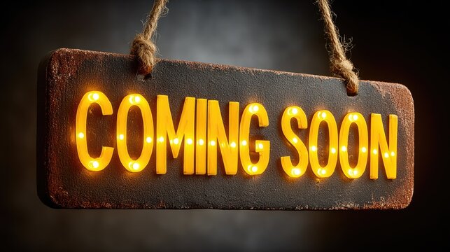 Vintage Hanging “Coming Soon” Sign with Warm Retro Bulb Lighting