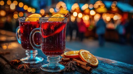 Mulled Wine at Festive Christmas Market with Warm Lights