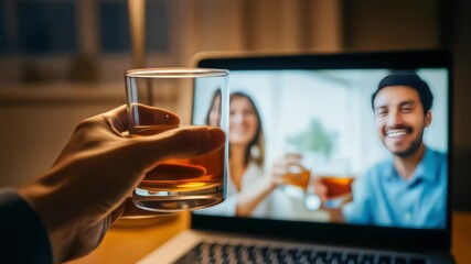 POV of person making a virtual toast with glass of whiskey during video call with friends on laptop - Powered by Adobe