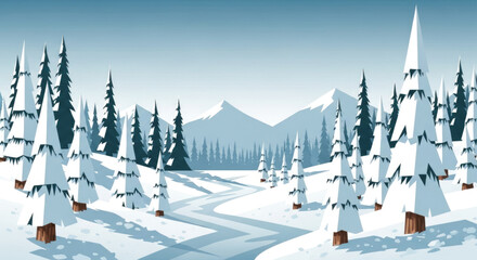 Obraz premium Vector landscape of a snowy forest with simplified pine tree shapes.