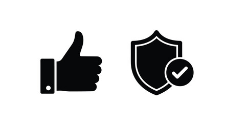 Black icons depicting a thumbs up and shield with a checkmark