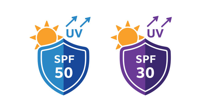 Sun protection icons displaying spf 50 and spf 30 with uv warnings