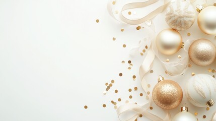 Champagne gold 3D Christmas ornaments, shimmering confetti and ribbons create elegant frame on ivory background with decorative fir branches. Copy space festive winter top view background.