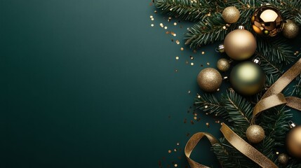 3D Christmas ornaments, golden shimmering confetti and ribbons create elegant frame on emerald background with decorative fir branches. Copy space festive winter top view background.