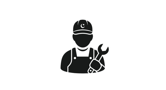 Black silhouette of a construction worker holding a wrench simple icon