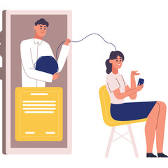 Man Inside A Smartphone Screen Offering A Dark Blue Sphere To A Woman Sitting On A Chair Holding A Mobile Phone On A Transparent Background