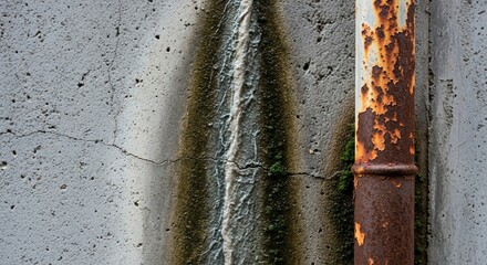 Water streak on cracked concrete wall beside rusted metal pipe, urban decay, weathered surface, industrial texture background