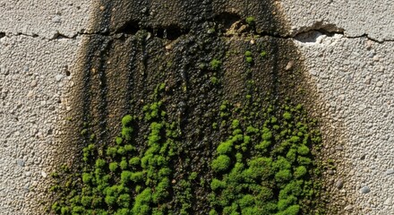 Water streak and moss patches on cracked concrete wall representing urban decay and natural growth