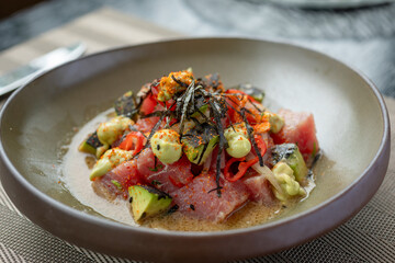 traditional Peruvian food, Nikkei tuna ceviche