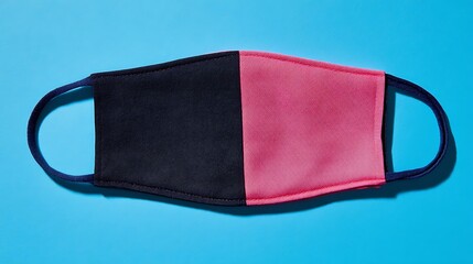 flat lay design of black and pink colorful fashion face mask handmade from fabric cloth on blue background.