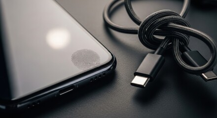 Close-up of fingerprint smudge on smartphone screen with tangled USB-C charging cable on black surface