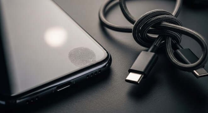 Close-up of fingerprint smudge on smartphone screen with tangled USB-C charging cable on black surface