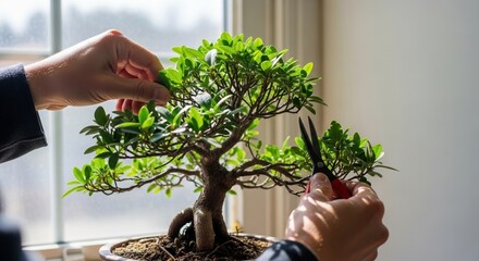 Hands trimming a bonsai plant indoors under natural window light, pruning detail