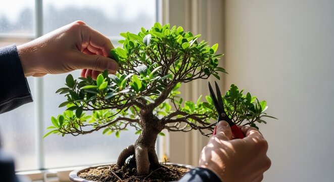 Hands trimming a bonsai plant indoors under natural window light, pruning detail